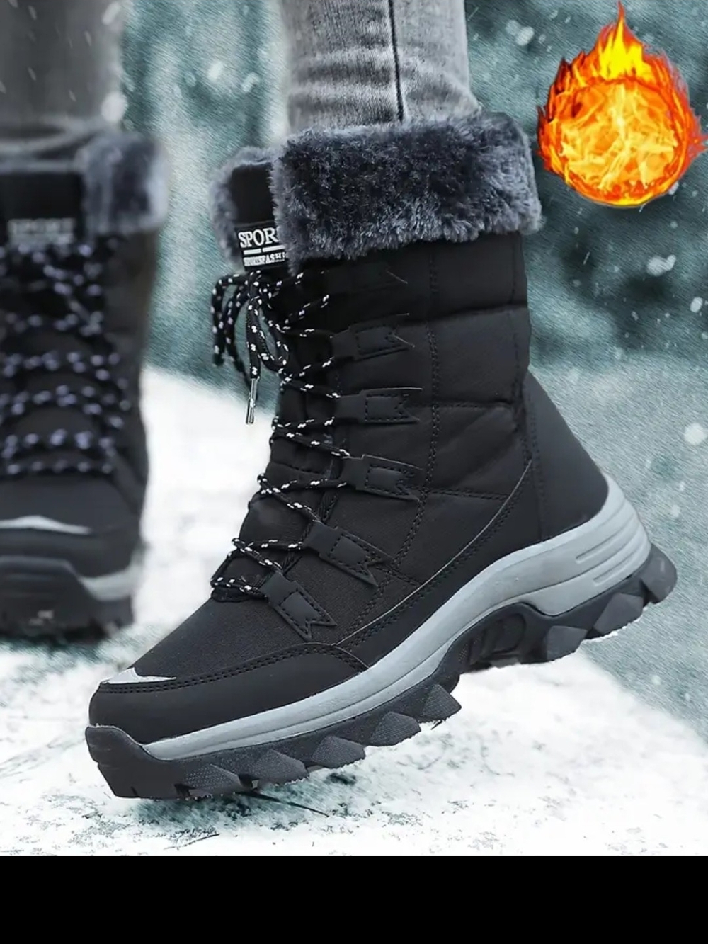 Sports Fashion Black Faux-Fur Cuff Winter Lace-Up Boots